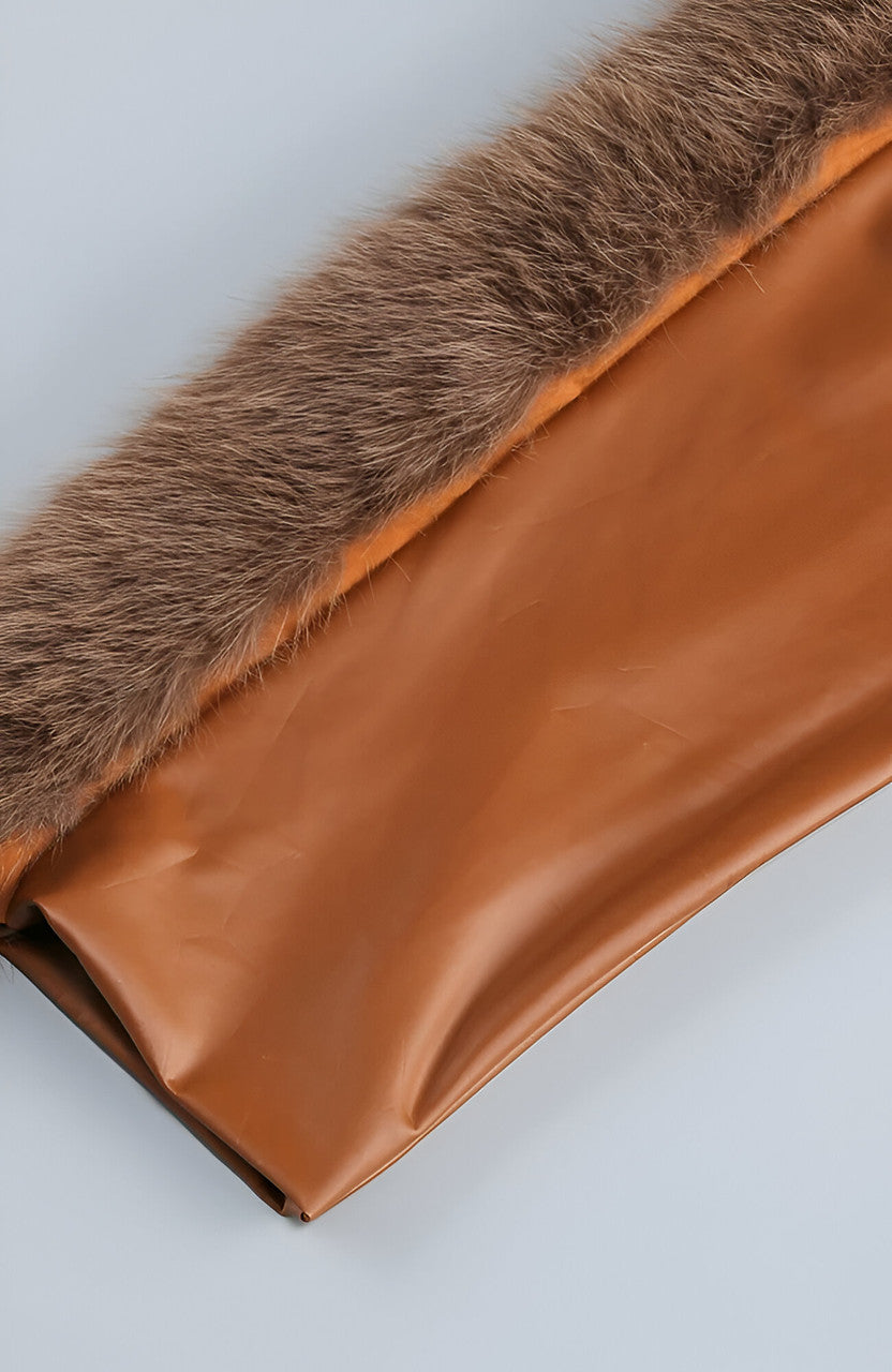 Long Sleeve Fur Detail Faux Leather Dress Brown
