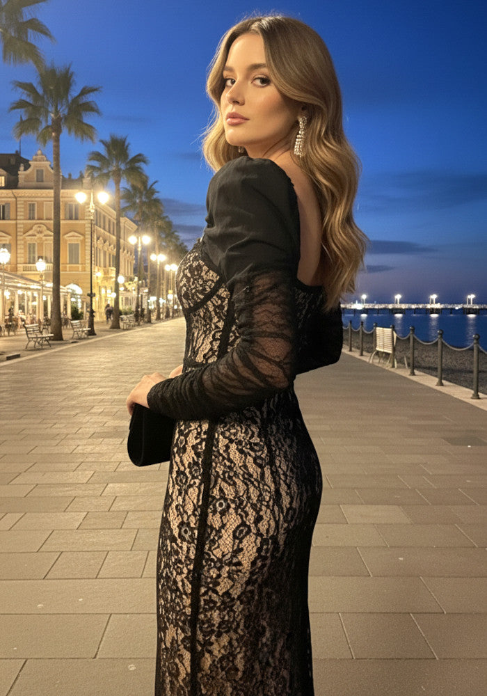 Puff Long Sleeve Lace Maxi Dress Black