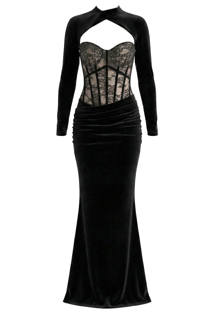 Long Sleeve Lace Bustier Maxi Dress Velvet Black