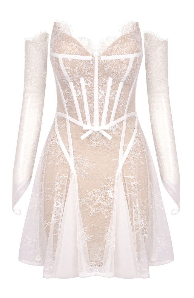 Long Sleeve Lace Corset A Line Dress White