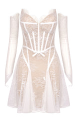 Long Sleeve Lace Corset A Line Dress White
