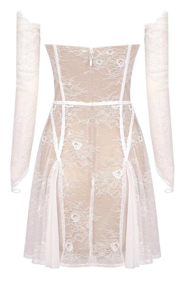 Long Sleeve Lace Corset A Line Dress White