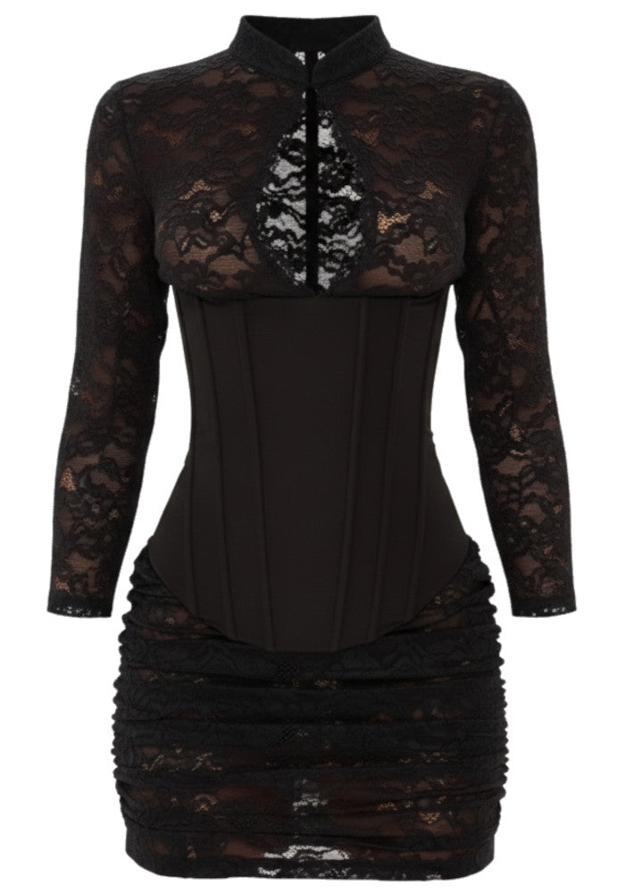 Long Sleeve Draped Lace Corset Dress Black