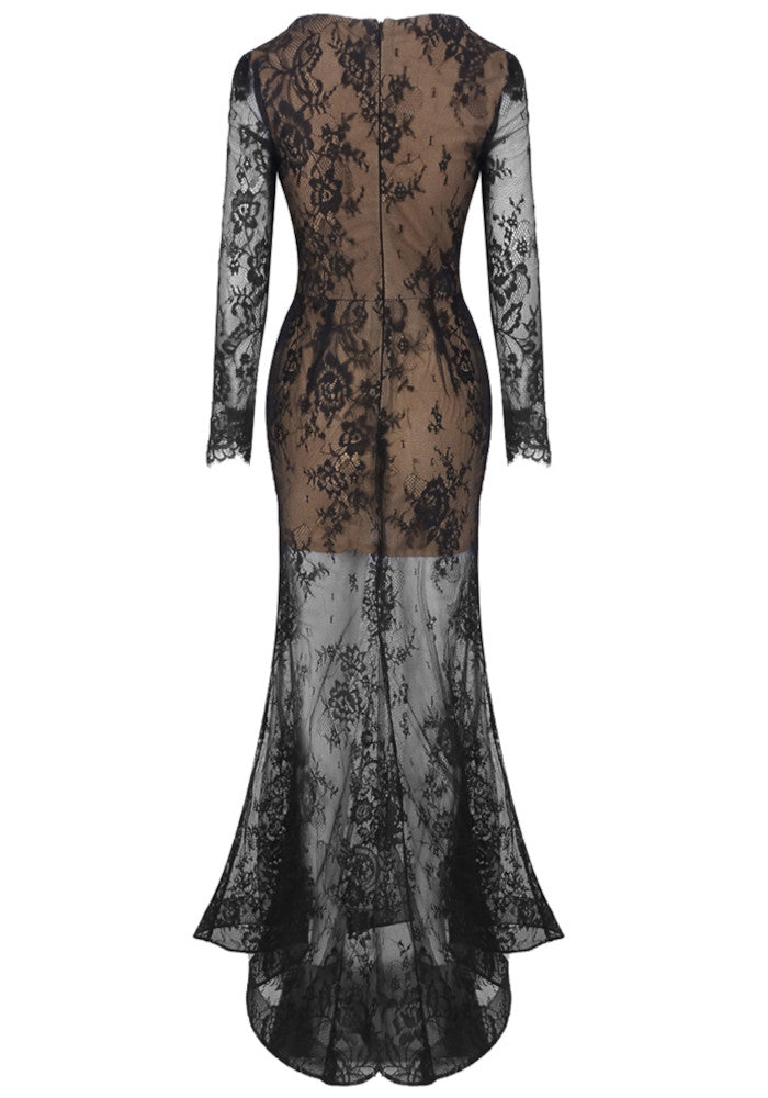 Long Sleeve Crystal Lace Maxi Dress Black