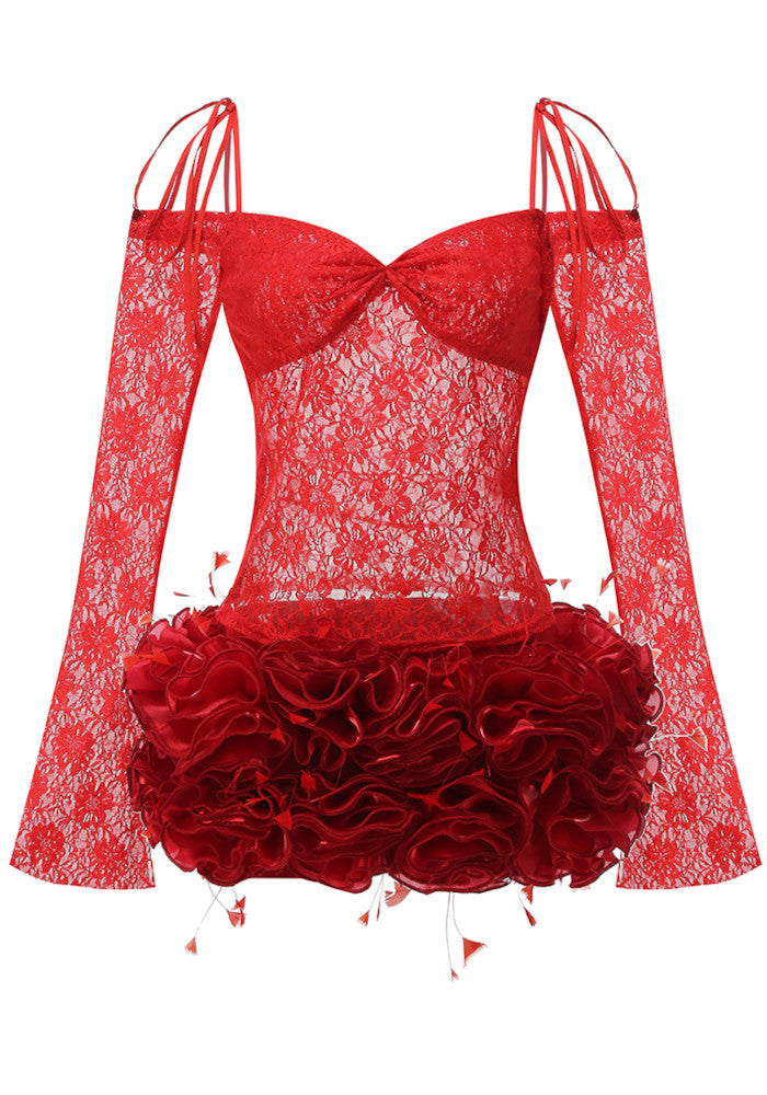 Long Sleeve Lace Floral Ruffle Dress Red