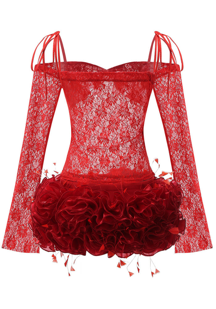 Long Sleeve Lace Floral Ruffle Dress Red
