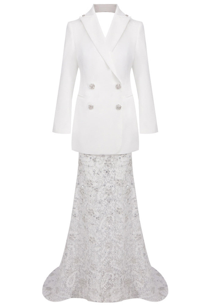 Long Sleeve Blazer Lace Maxi Two Piece Dress White