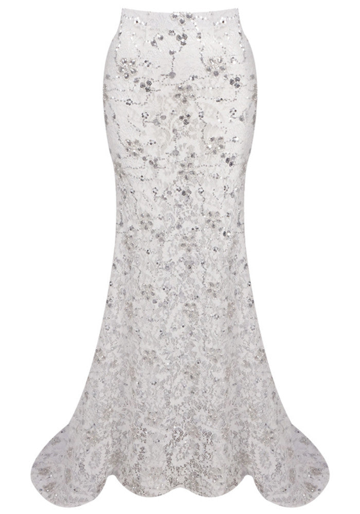 Lace Mermaid Maxi Skirt White