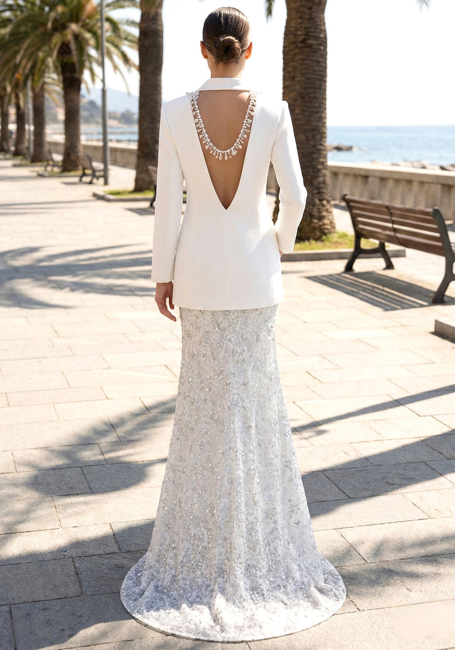 Long Sleeve Backless Blazer White