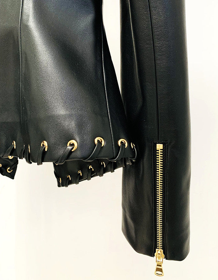 Long Sleeve Lace Up Faux Leather Jacket Black