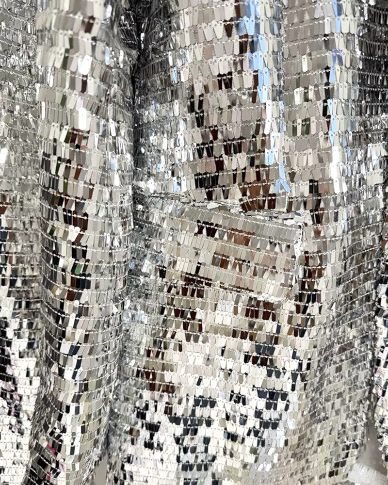 Long Sleeve Mirrored Sequin Suit Silver