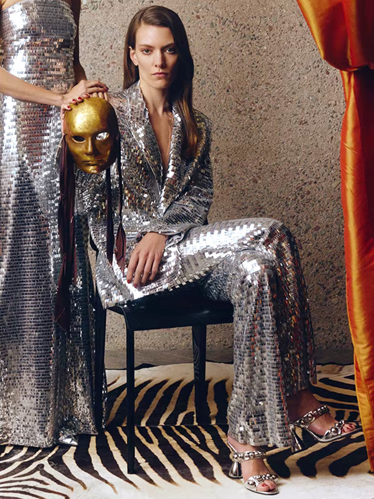Long Sleeve Mirrored Sequin Suit Silver