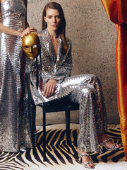 Long Sleeve Mirrored Sequin Suit Silver