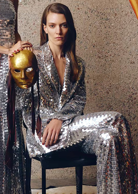 Long Sleeve Mirrored Sequin Suit Silver