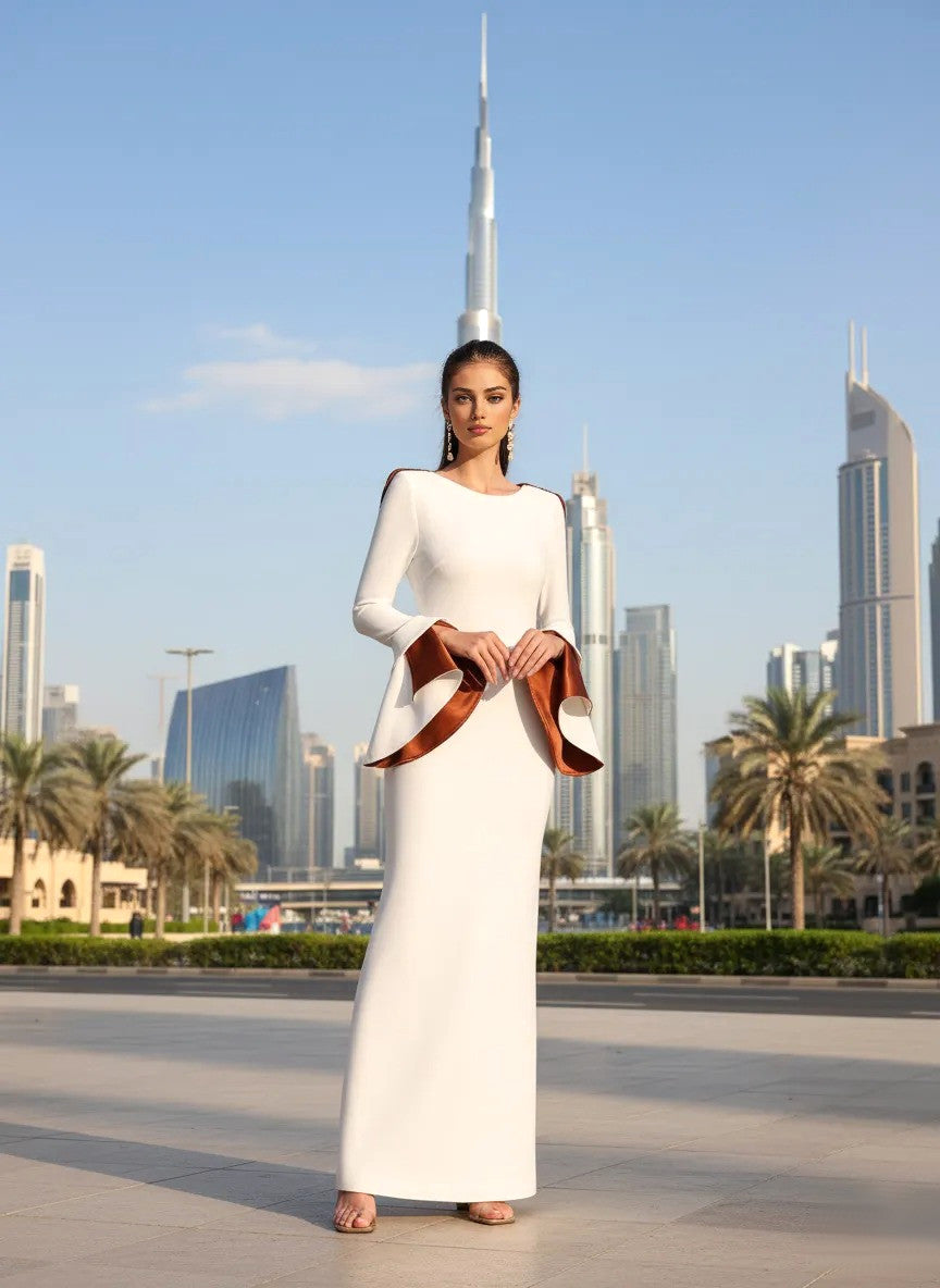 Flounce Sleeves Maxi Dress White Brown