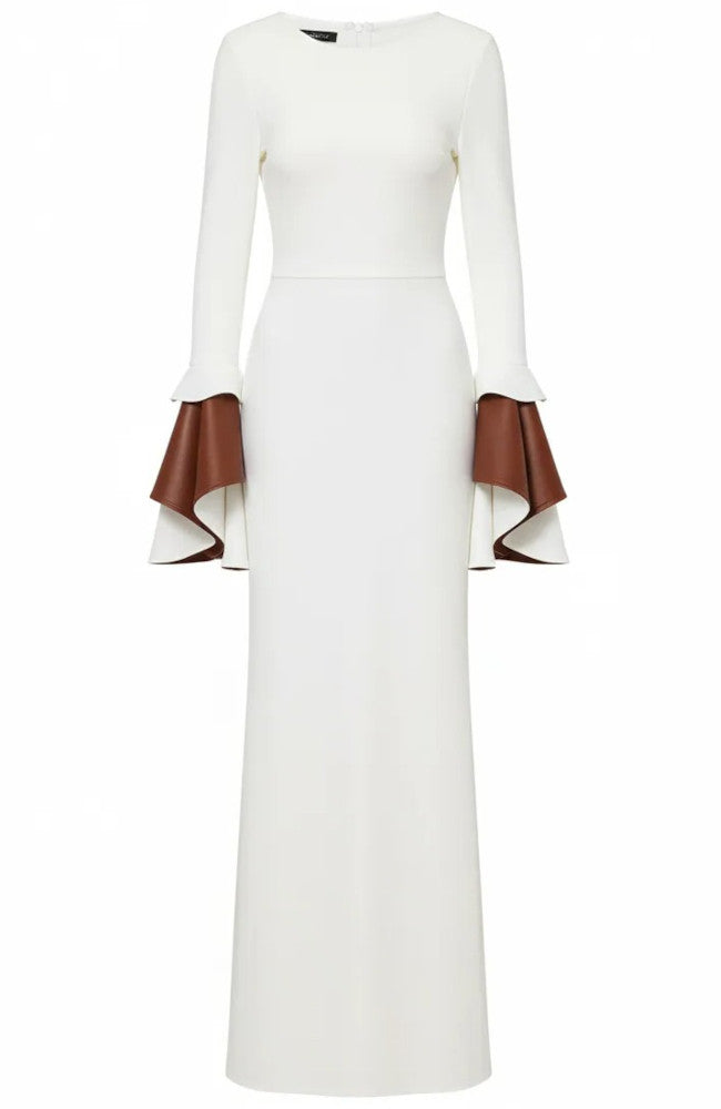 Flounce Sleeves Maxi Dress White Brown