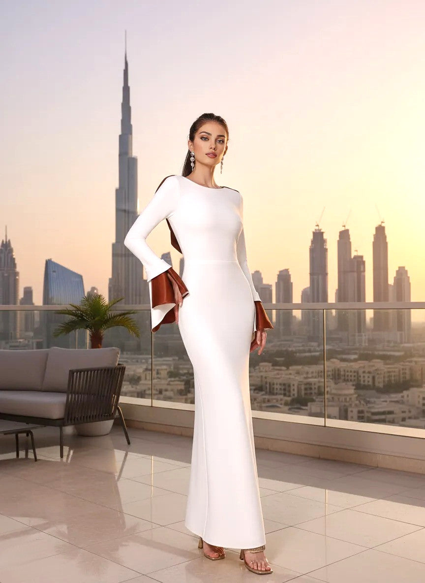 Flounce Sleeves Maxi Dress White Brown