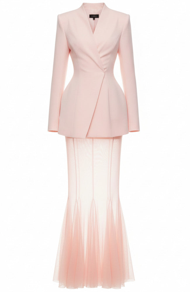 Long Sleeve Mesh Maxi Two Piece Dress Pink