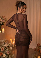 Long Sleeve Mesh Insert Draped Maxi Dress Brown