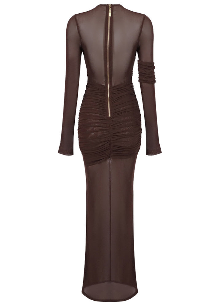 Long Sleeve Mesh Insert Draped Maxi Dress Brown