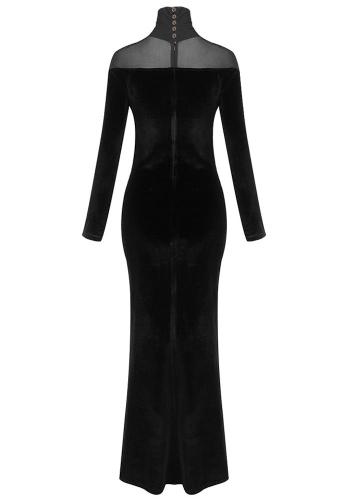 Long Sleeve Mesh Insert Maxi Velvet Dress Black