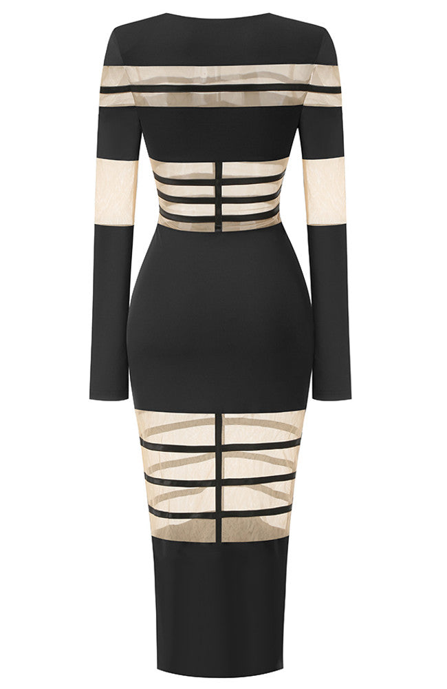 Long Sleeve Mesh Insert Midi Dress Black
