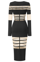 Long Sleeve Mesh Insert Midi Dress Black