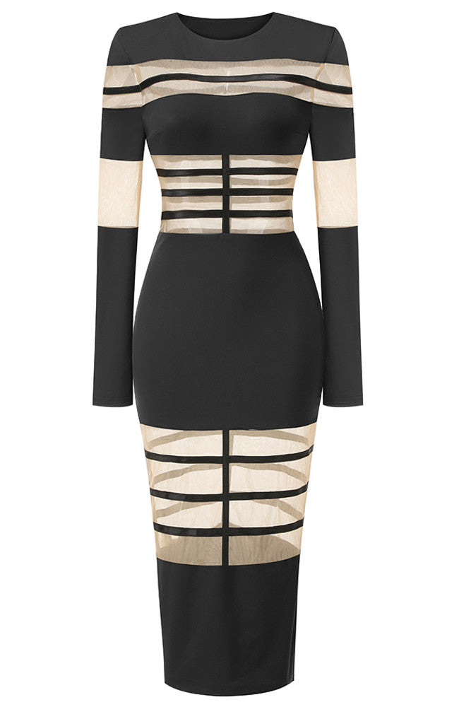 Long Sleeve Mesh Insert Midi Dress Black