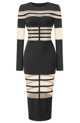 Long Sleeve Mesh Insert Midi Dress Black