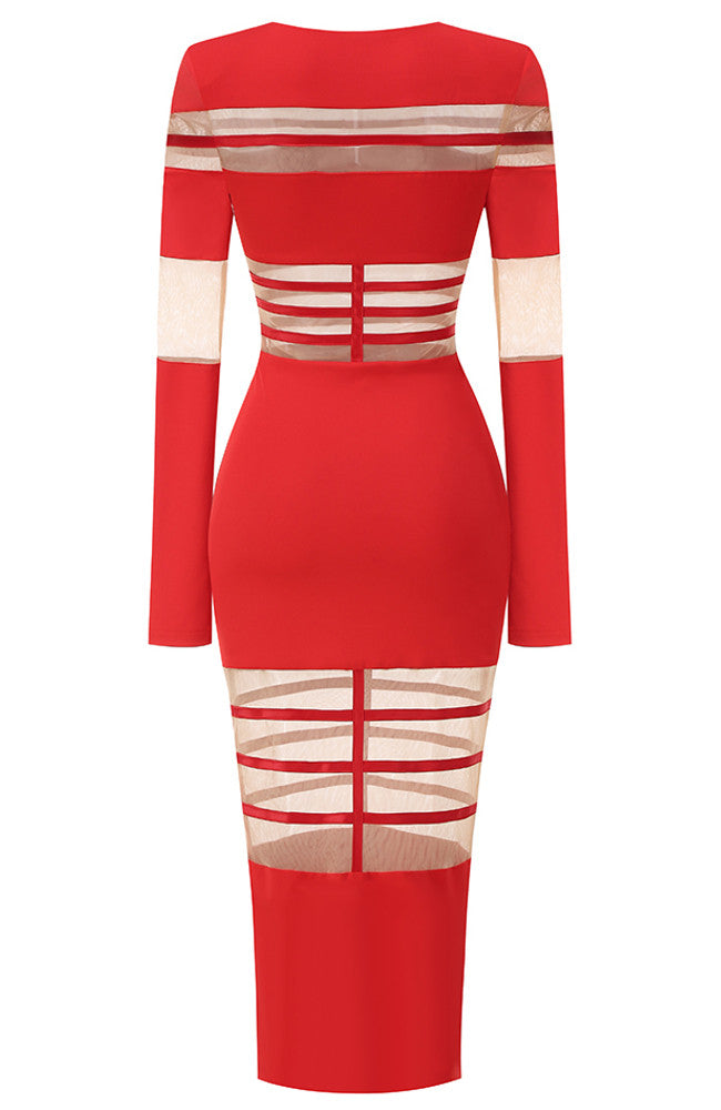 Long Sleeve Mesh Insert Midi Dress Red