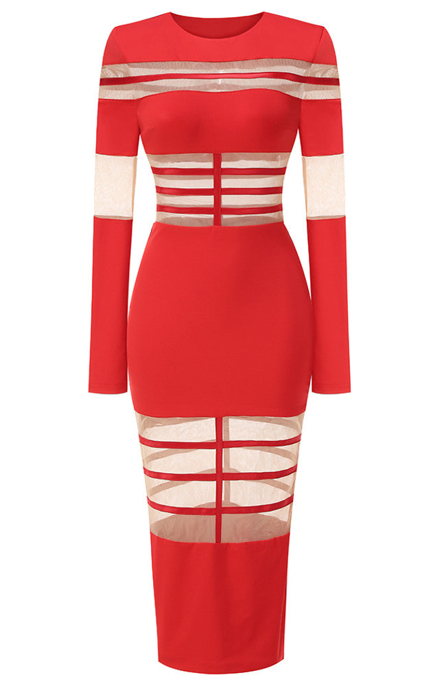 Long Sleeve Mesh Insert Midi Dress Red