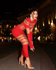 Long Sleeve Mesh Insert Midi Dress Red