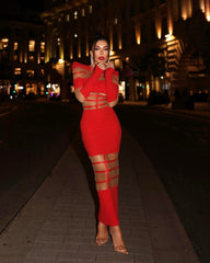 Long Sleeve Mesh Insert Midi Dress Red