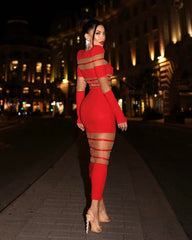 Long Sleeve Mesh Insert Midi Dress Red