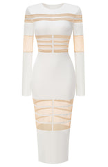 Long Sleeves Mesh Insert Midi Dress White