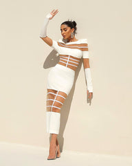 Long Sleeves Mesh Insert Midi Dress White