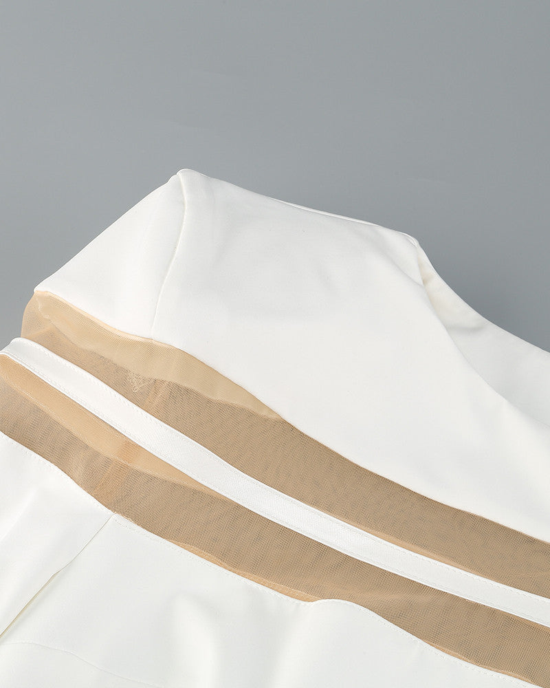 Long Sleeves Mesh Insert Midi Dress White