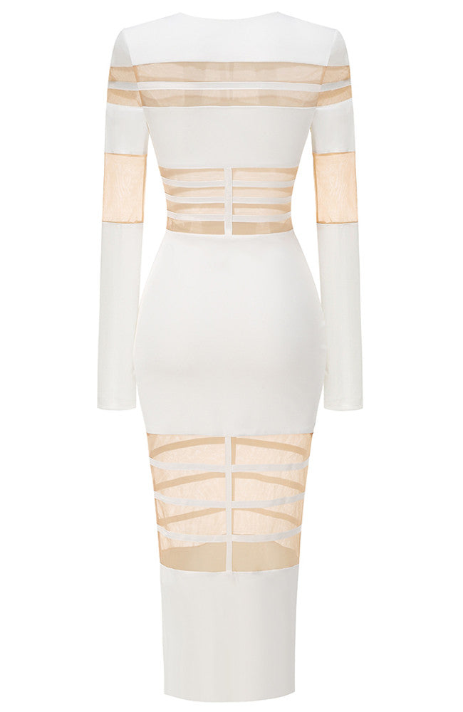 Long Sleeves Mesh Insert Midi Dress White