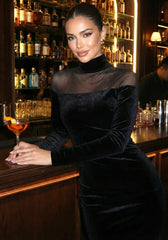 Long Sleeve Mesh Insert Velvet Maxi Dress Black