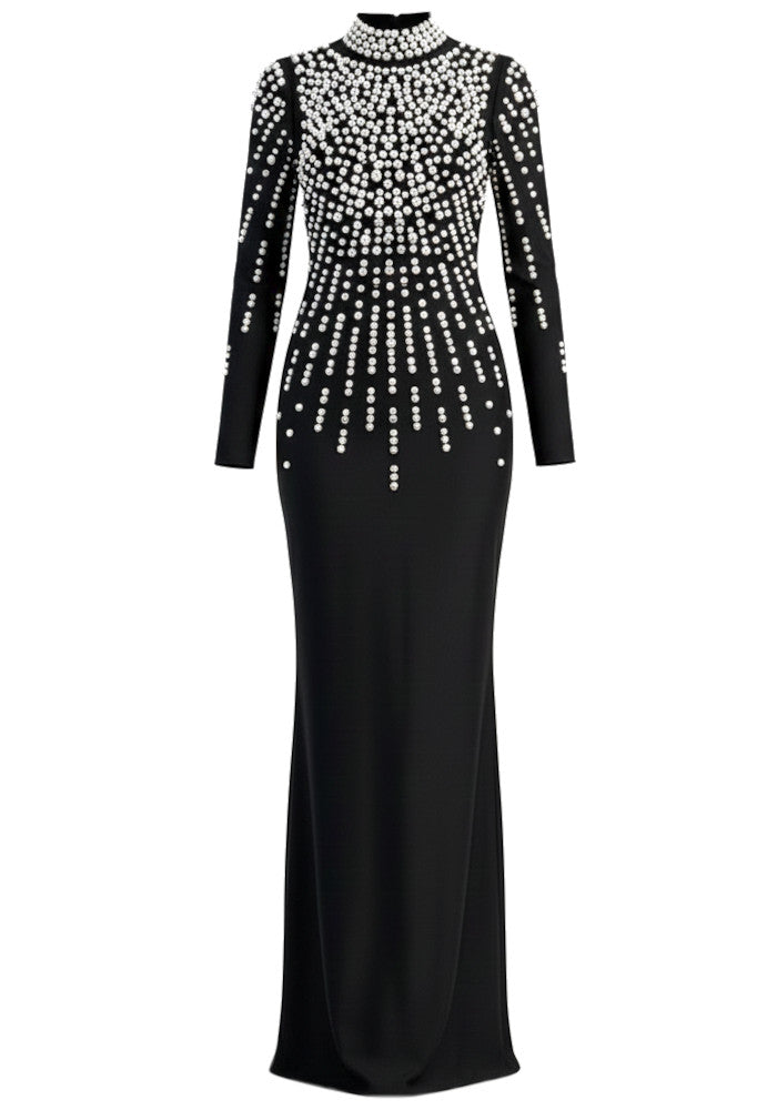 Long Sleeve Pearl Backless Maxi Dress Black