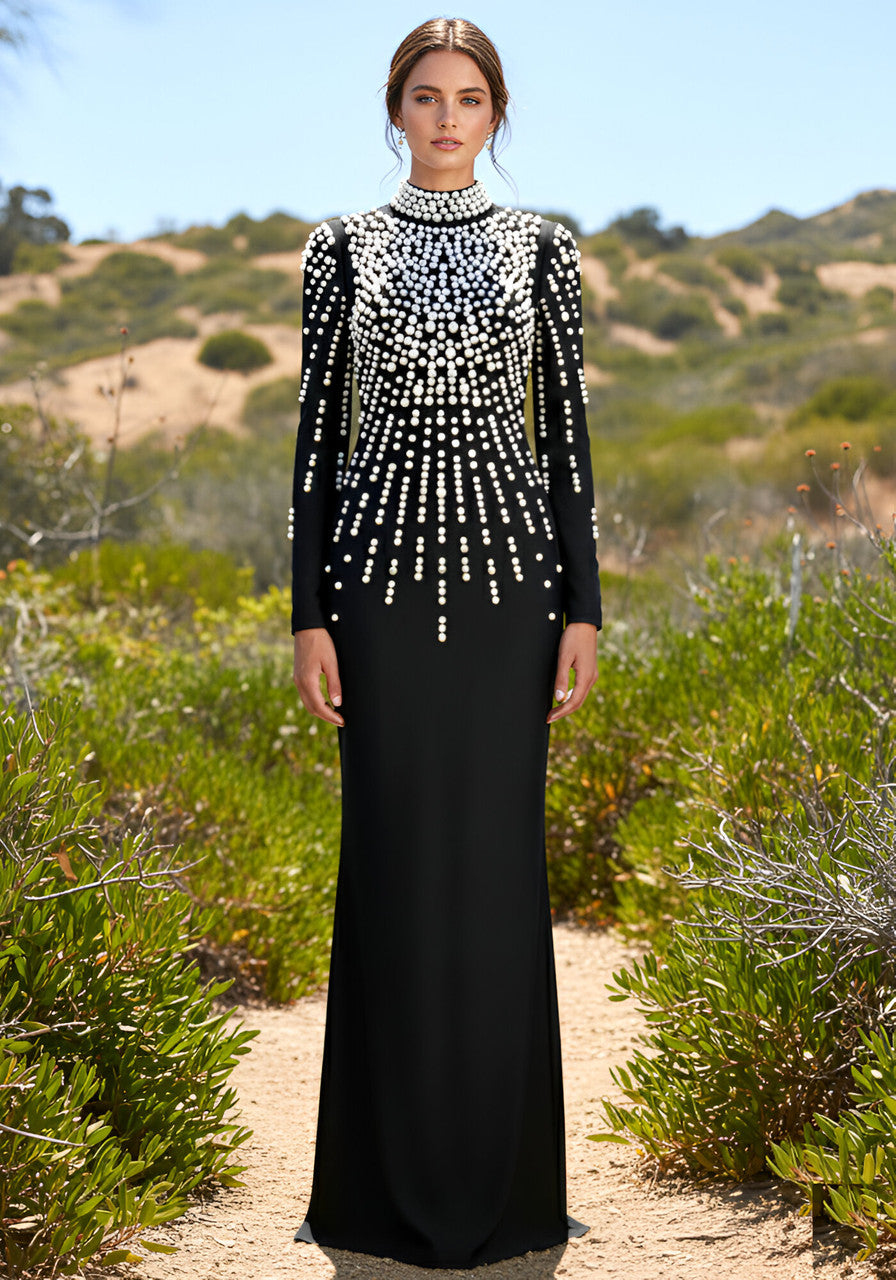 Long Sleeve Pearl Backless Maxi Dress Black