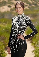 Long Sleeve Pearl Backless Maxi Dress Black