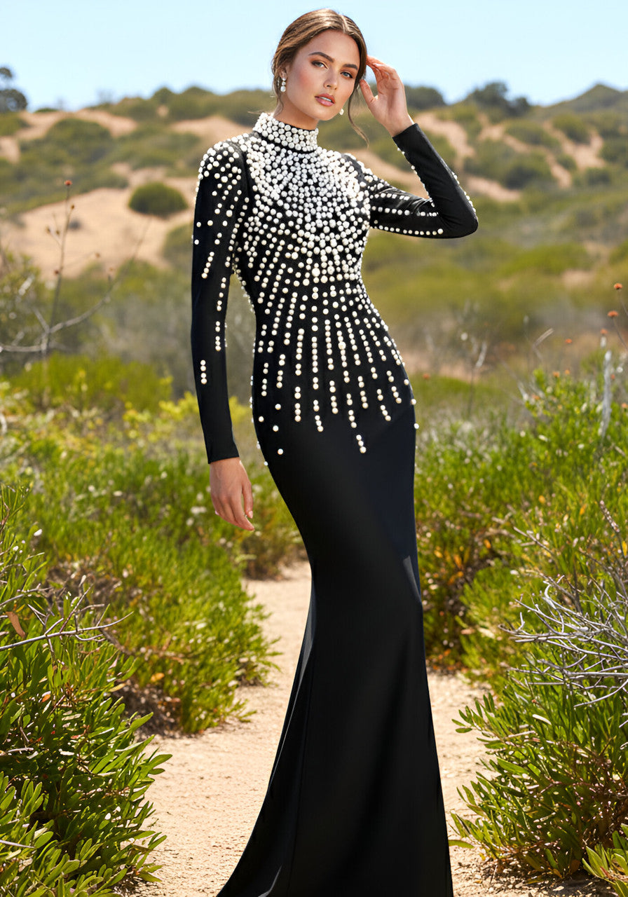 Long Sleeve Pearl Backless Maxi Dress Black