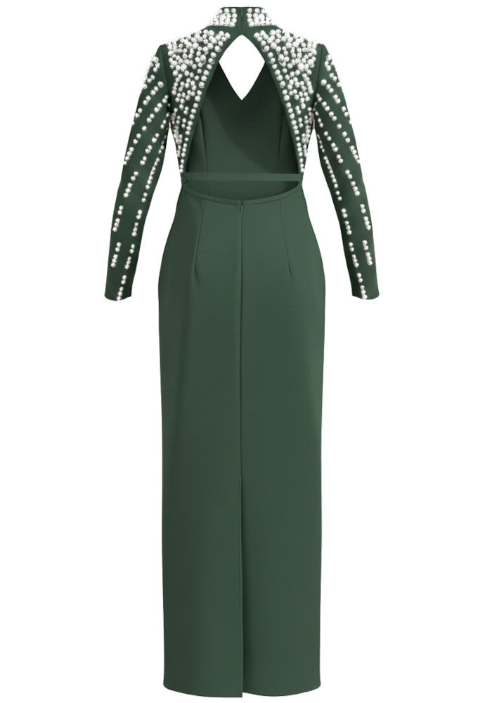 Long Sleeve Pearl Backless Maxi Dress Green