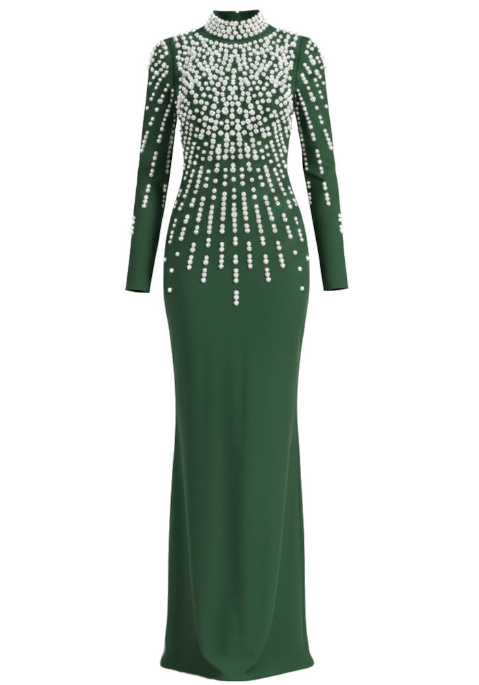 Long Sleeve Pearl Backless Maxi Dress Green