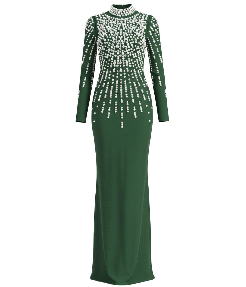 Long Sleeve Pearl Backless Maxi Dress Green