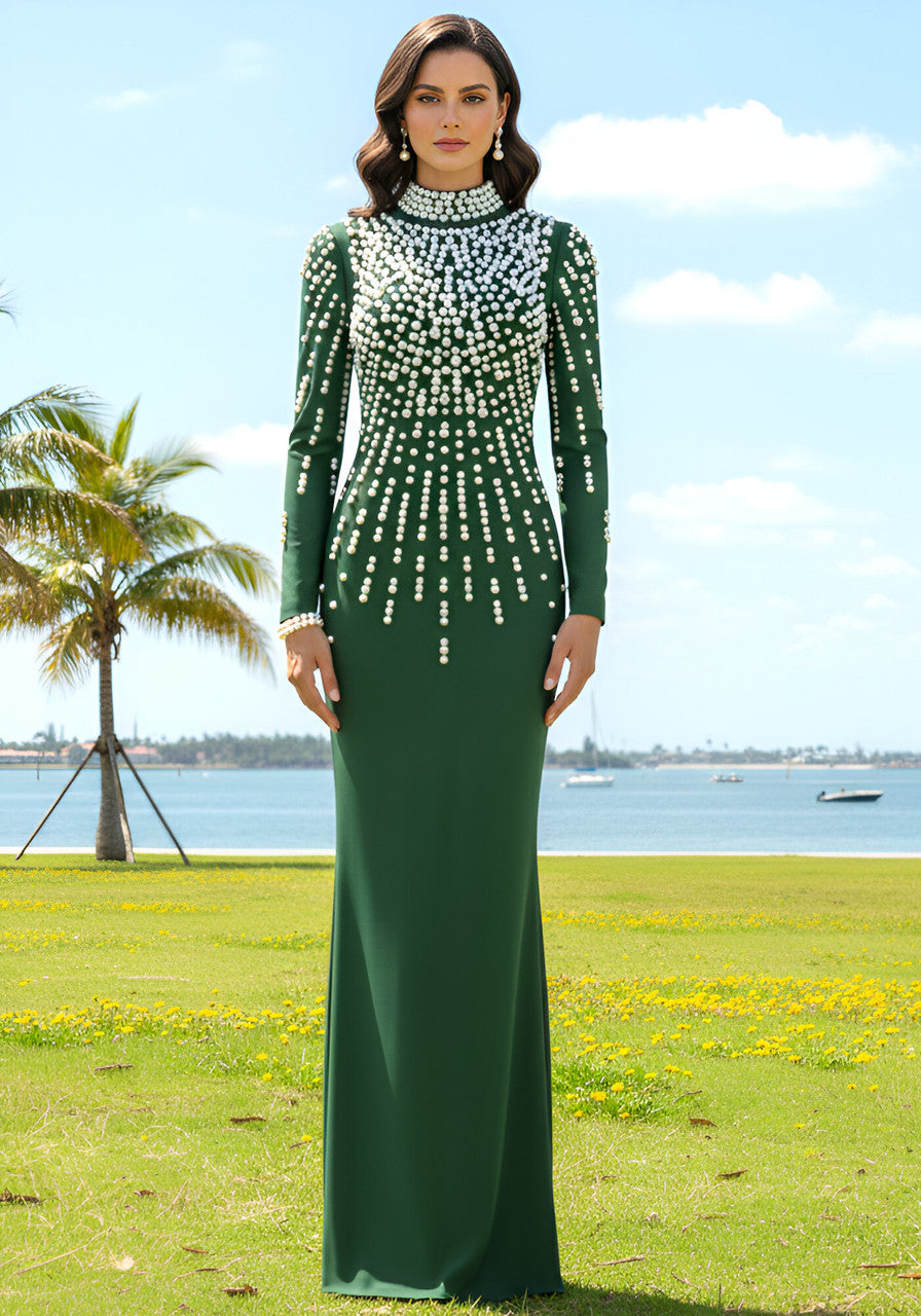Long Sleeve Pearl Backless Maxi Dress Green