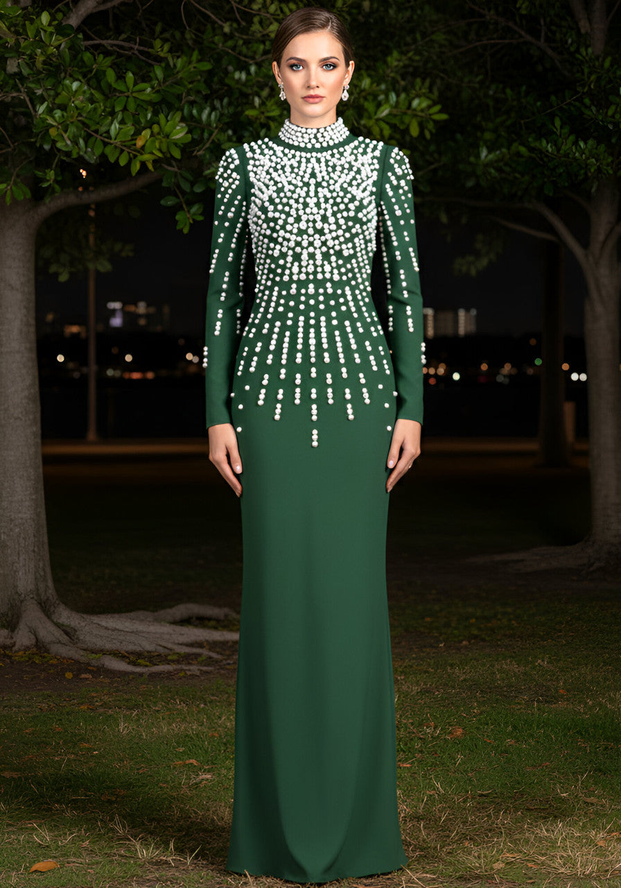 Long Sleeve Pearl Backless Maxi Dress Green