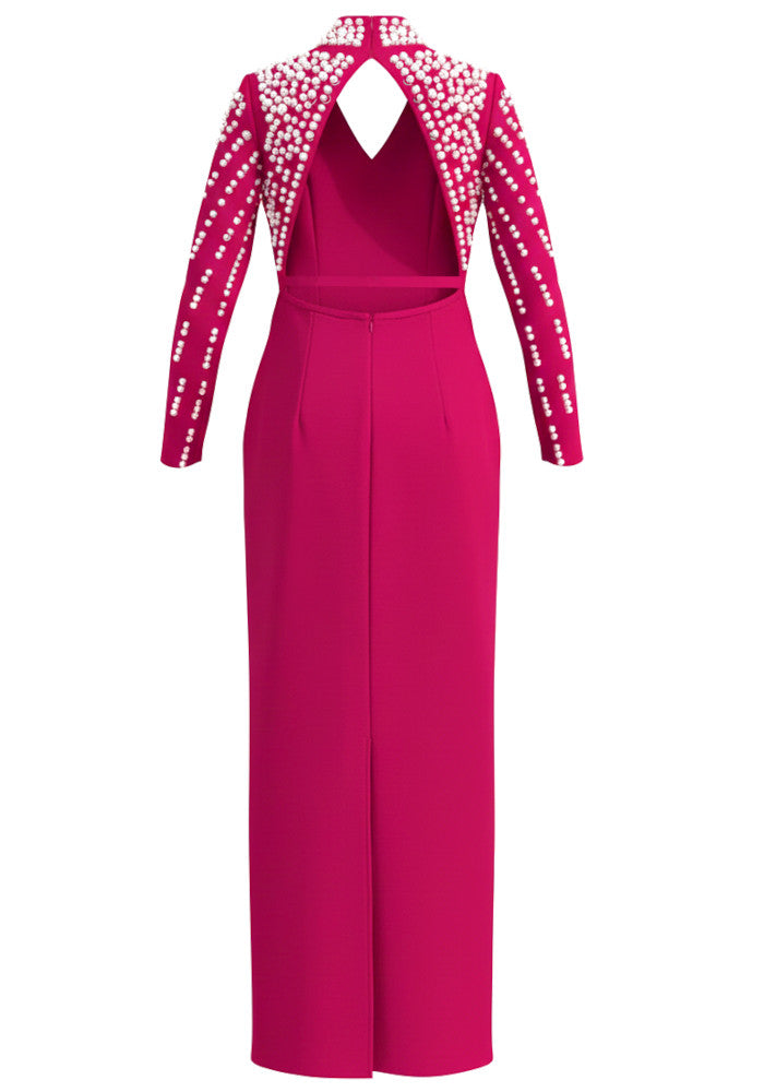 Long Sleeve Pearl Backless Maxi Dress Hot Pink
