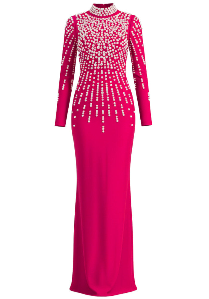Long Sleeve Pearl Backless Maxi Dress Hot Pink